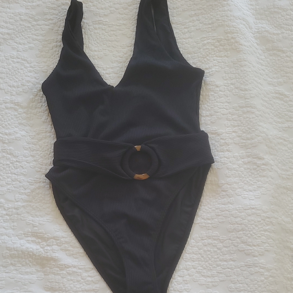 MONTCE KIM BELTED RIB ONE PIECE SWIMSUIT IN BLACK RIB/SZ:LARGE - Picture 5 of 11